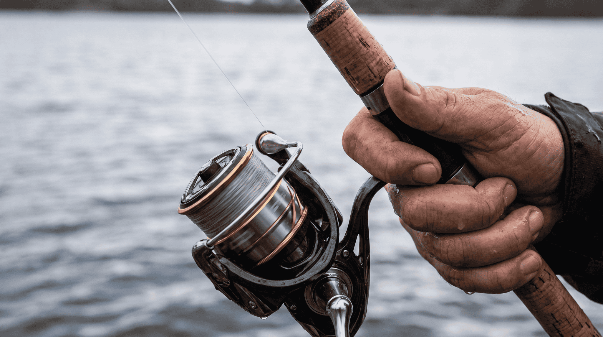 Spinning reel on a bent rod with line peeling off the spool under drag, hand on the grip and off the handle