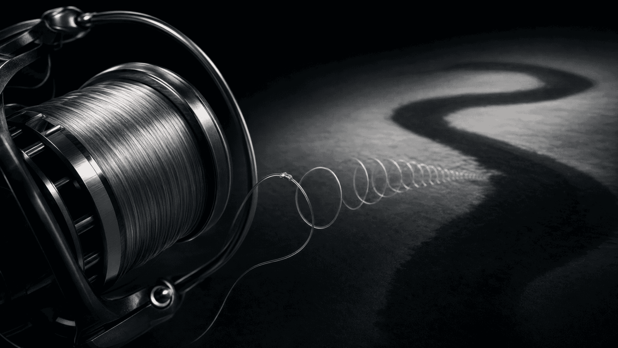 Twisted monofilament spiraling off a spinning reel spool, its shadow echoing a river oxbow bend