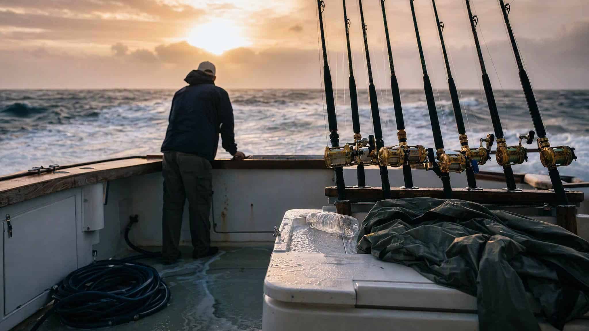 Tired angler leaning on the rail of a long-range fishing boat at dawn beside a row of heavy rods and a wet deck