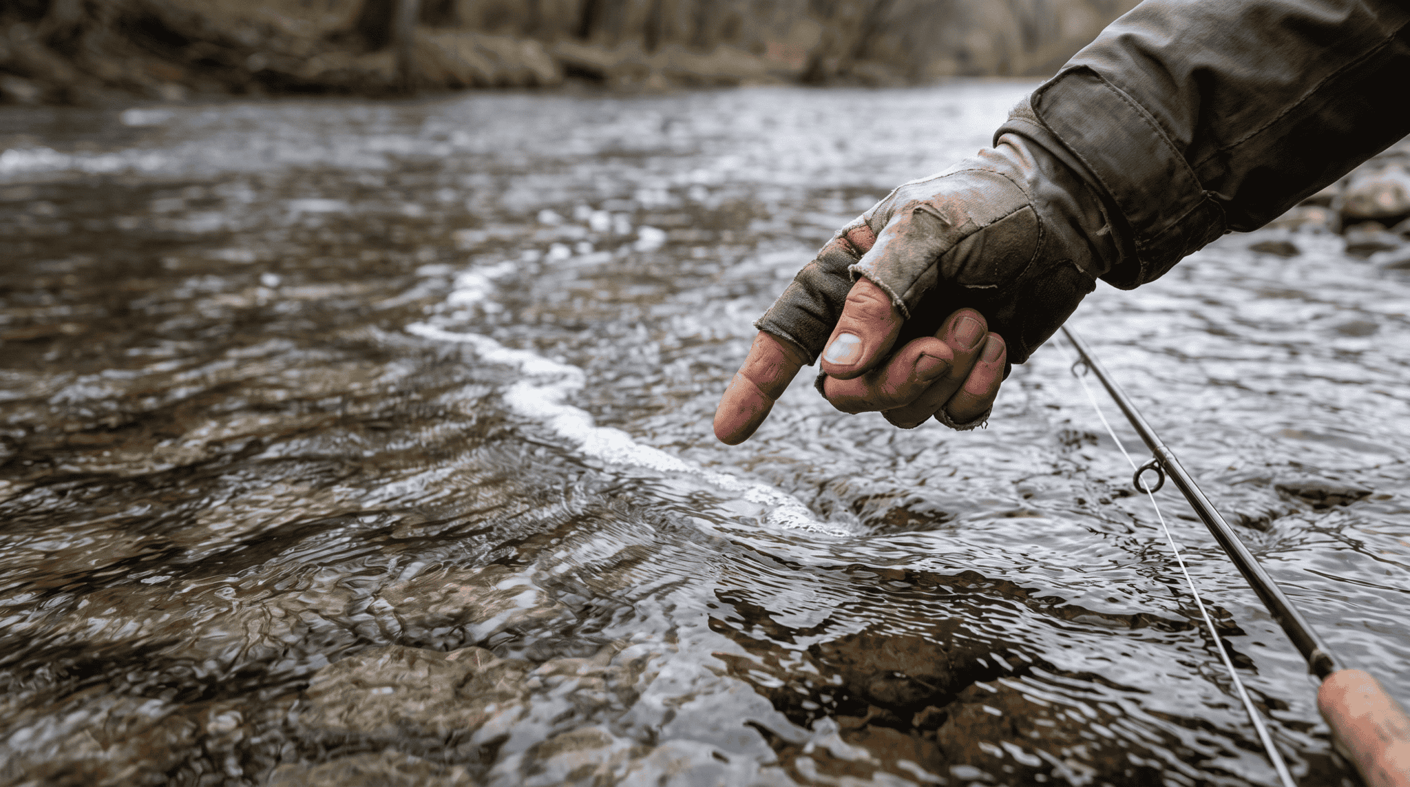 A mentor's hand pointing at a current seam on a clear trout river, with a learner's fly rod tip entering the frame