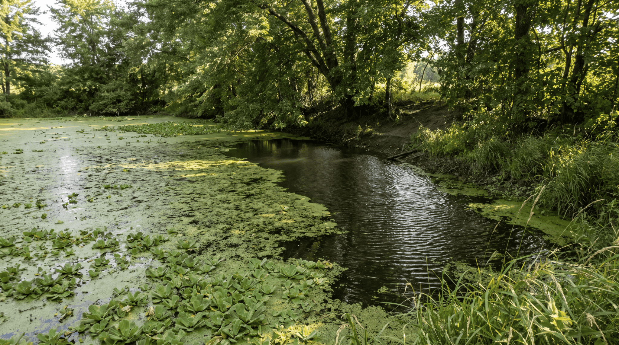 Weed-choked pond with thick surface vegetation and one open lane of dark water near a shaded bank