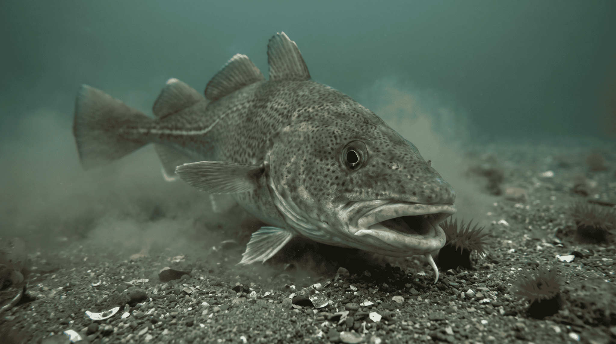 A mottled Pacific cod with a prominent chin barbel and oversized mouth nosing along a cold gravel bottom in the dim green water of the Gulf of Alaska.