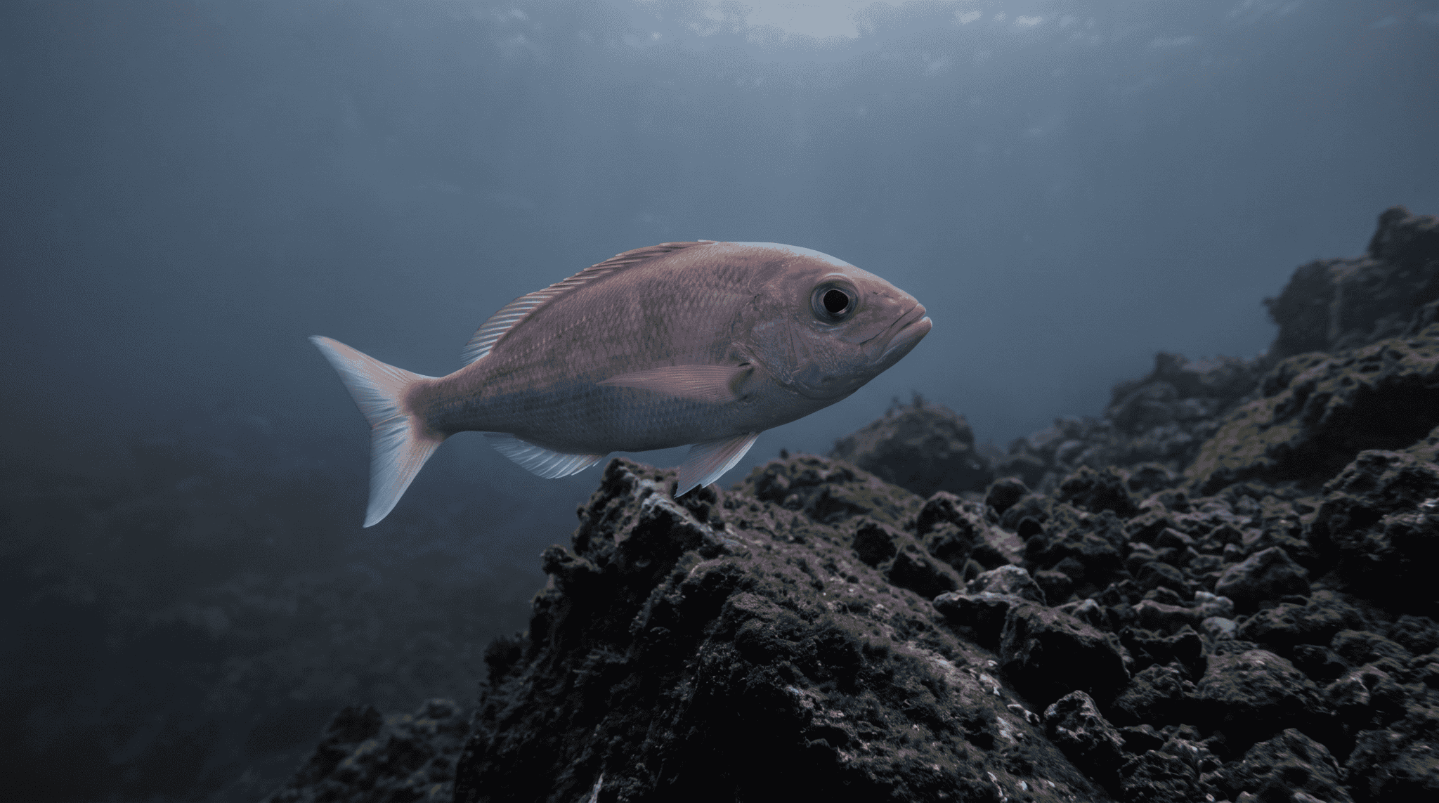 A pink snapper, opakapaka, with a pinkish-lavender body and forked pale tail hovering over a deep rocky slope in dim blue water off Hawaii.