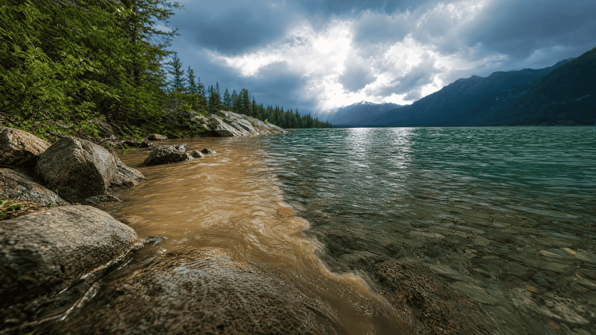 Muddy rain runoff meeting clearer green lake water in a visible marbled color seam after a storm