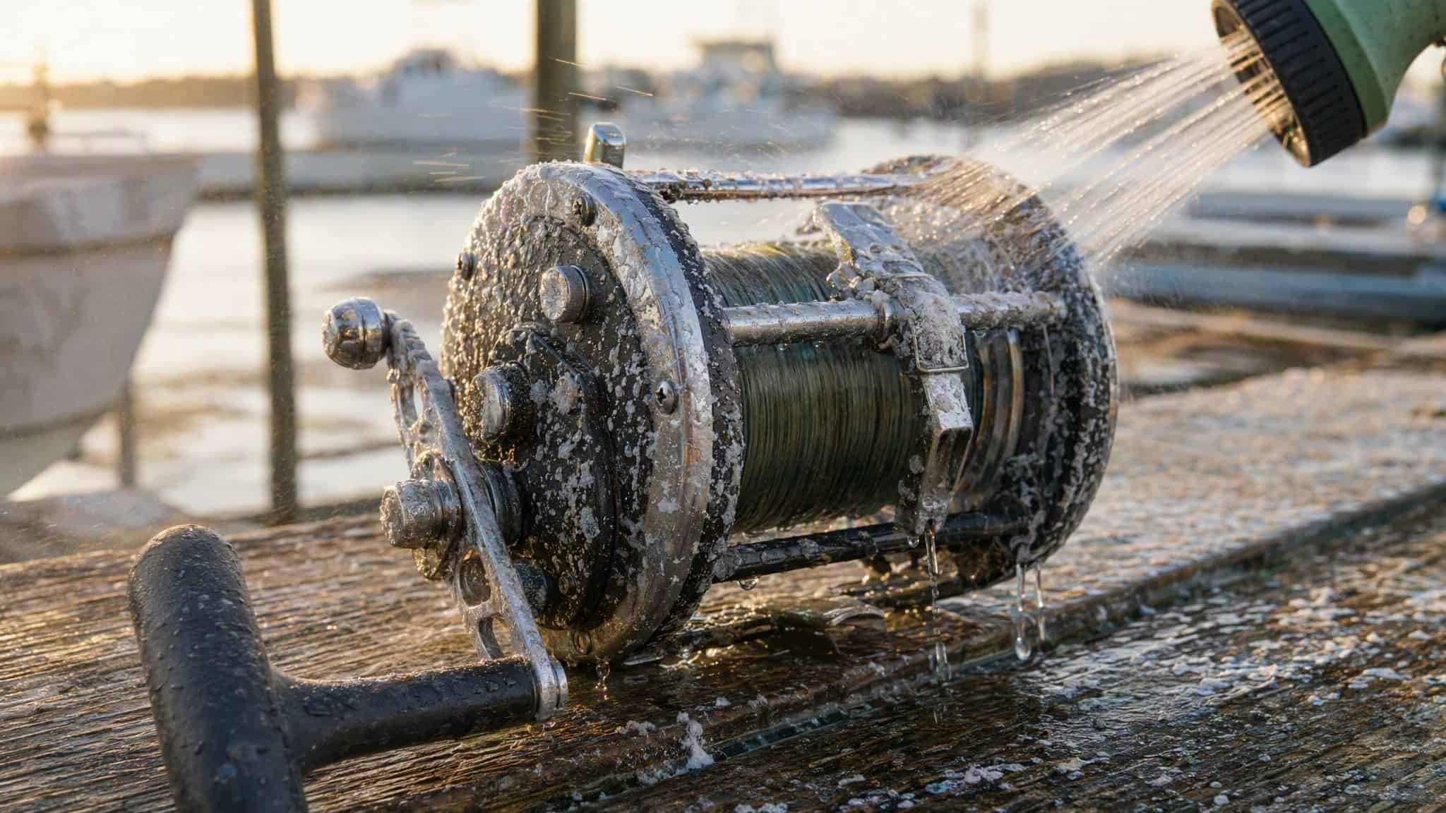 Salt-crusted conventional reel on a dock bench being rinsed with a light spray of fresh water