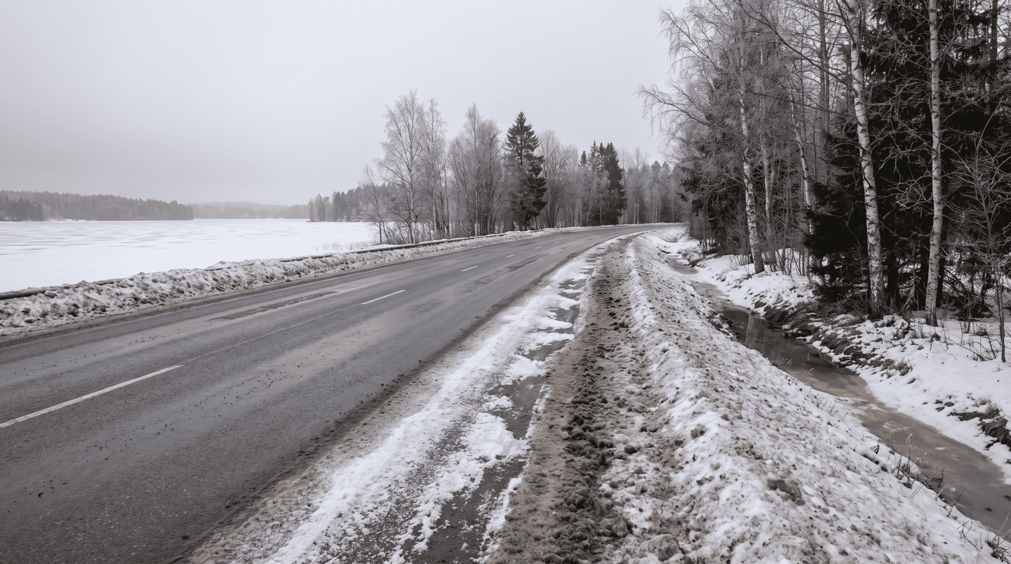 Salted two-lane winter road beside a frozen northern lake with white salt residue on the shoulder and dirty slush draining into a roadside ditch toward the lake