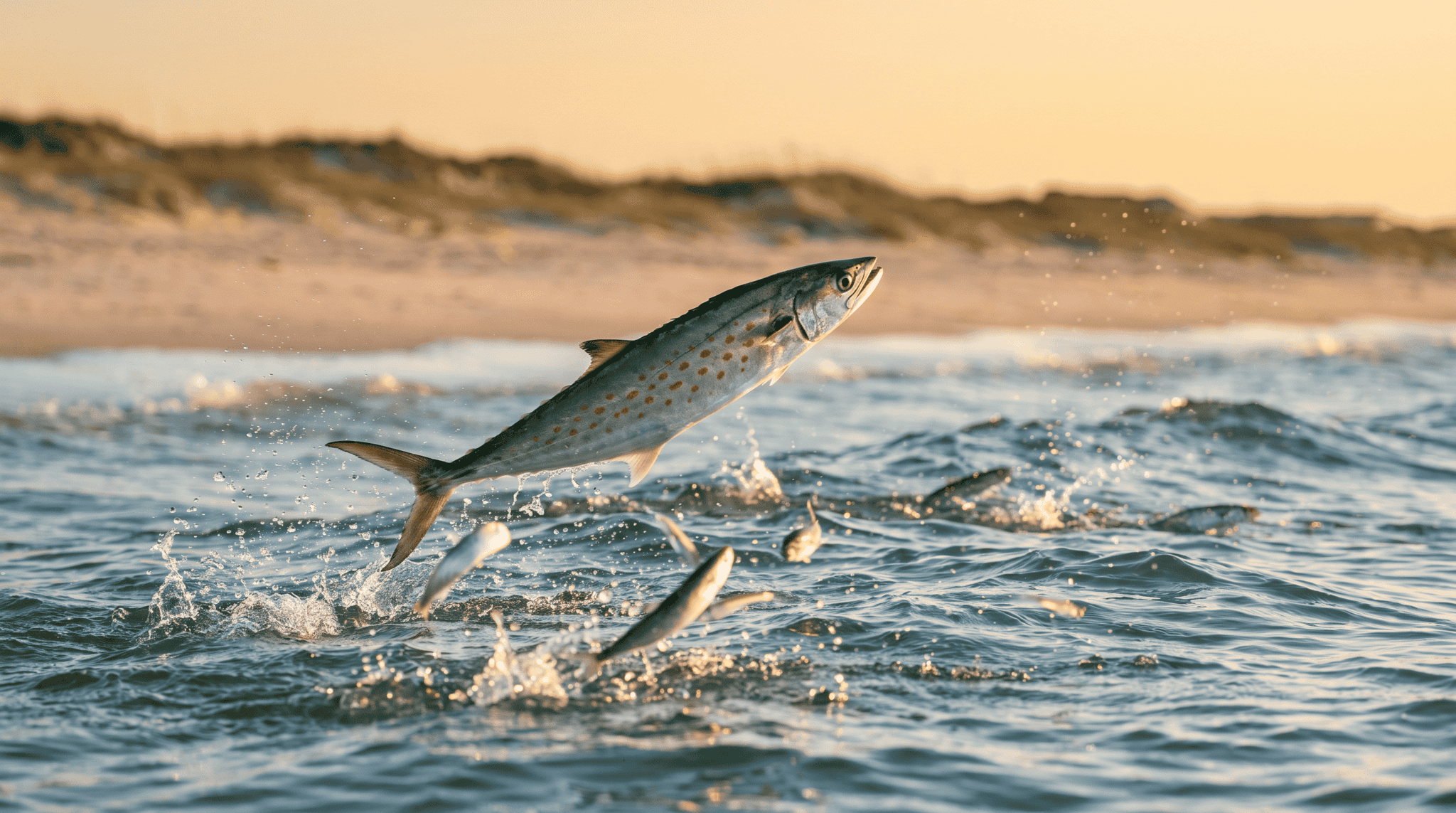 Spanish mackerel with yellow-gold spots leaping beside a bait school in coastal Atlantic water.