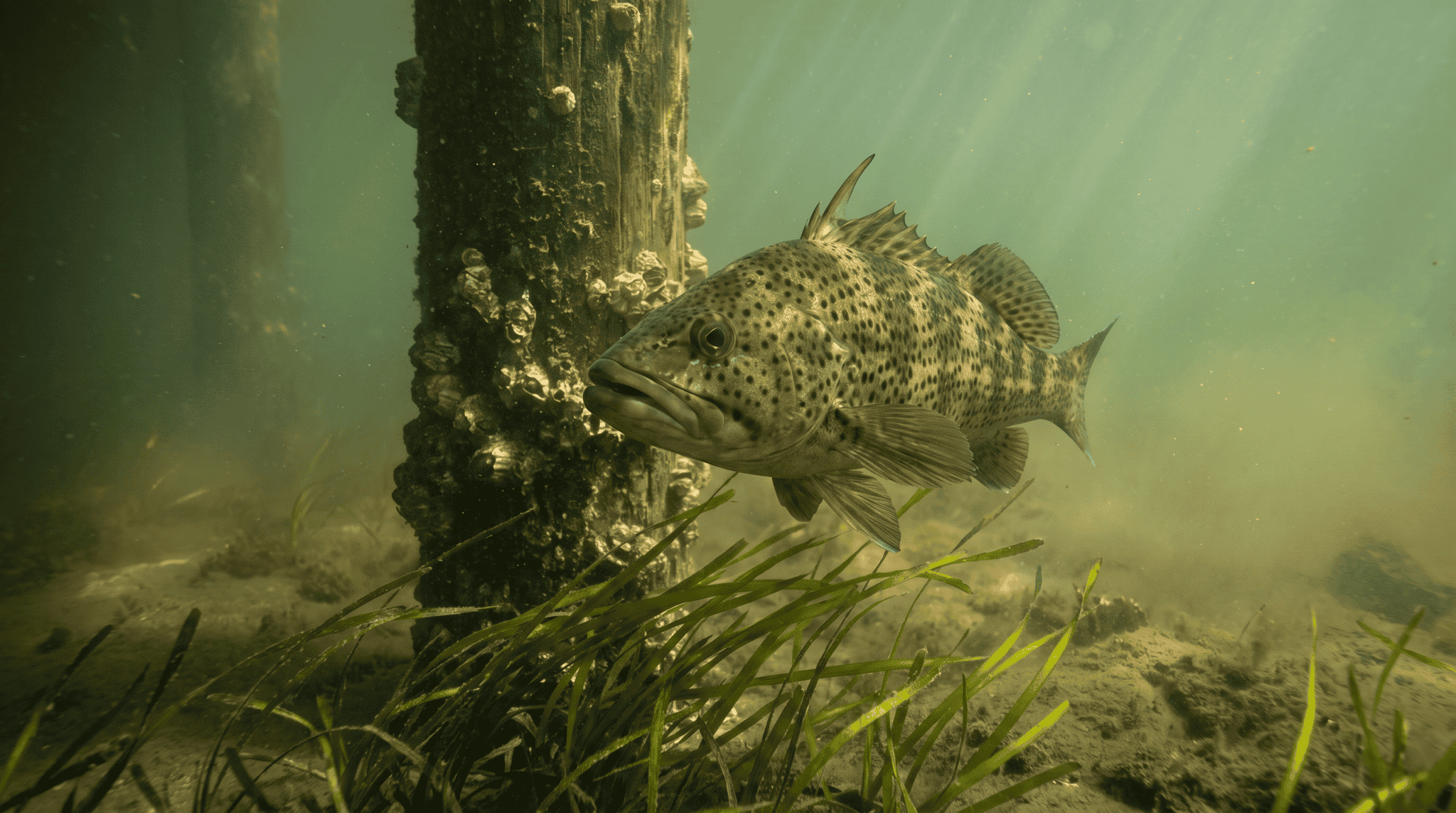 A dark-spotted spotted sand bass hovering beside a barnacle-crusted dock piling over an eelgrass bed in murky Southern California bay water.