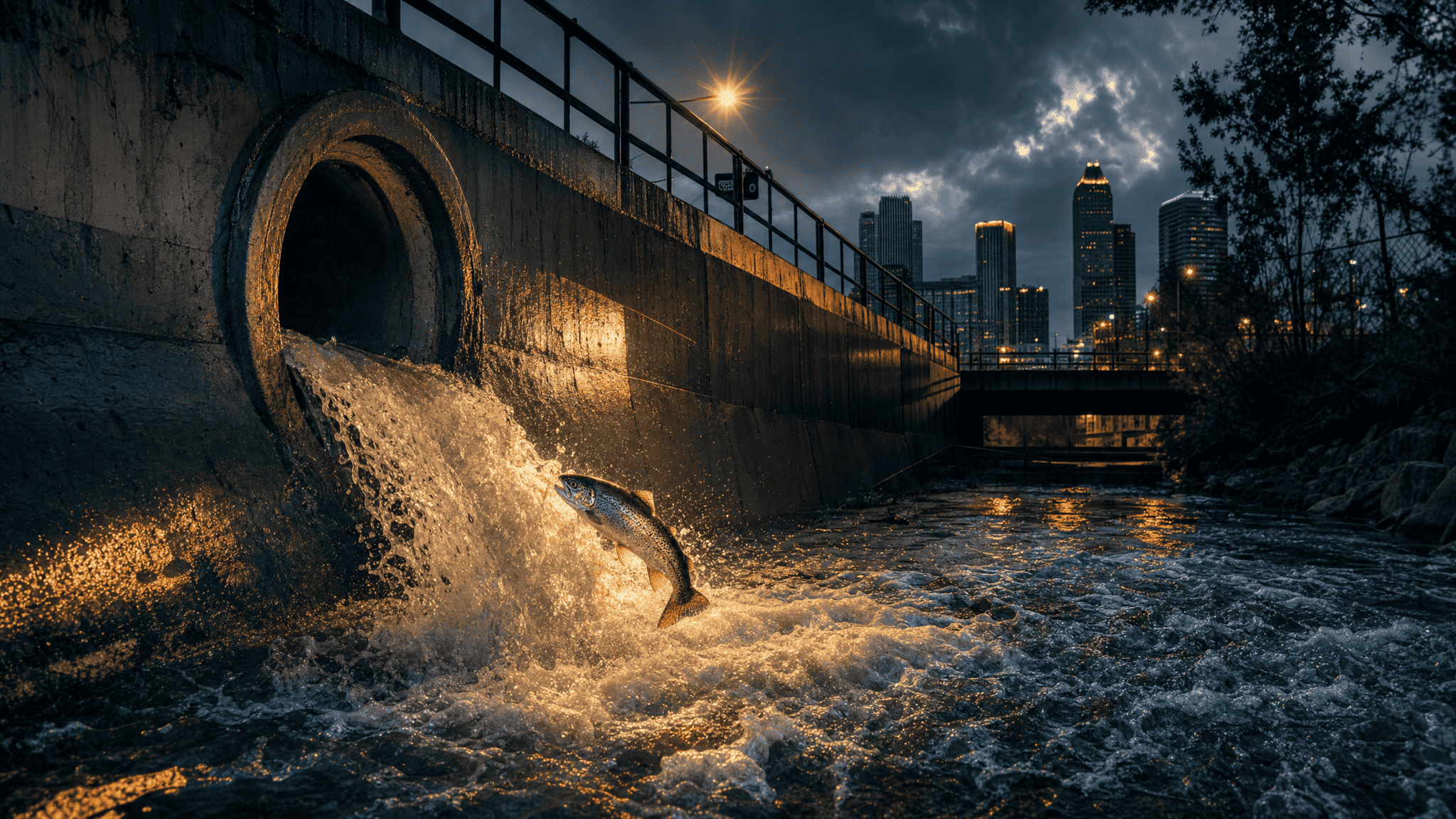 A storm drain outfall pouring into an urban creek at blue hour under golden streetlight, a trout suspended mid-leap in the turbulent outflow.
