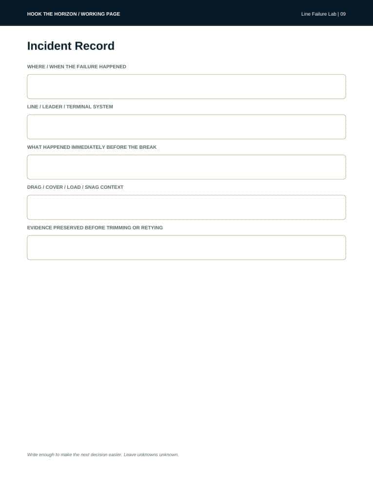 A write-in specimen card from Line Failure Lab, recording the incident, the broken end, the transition inspection and the bench test to run