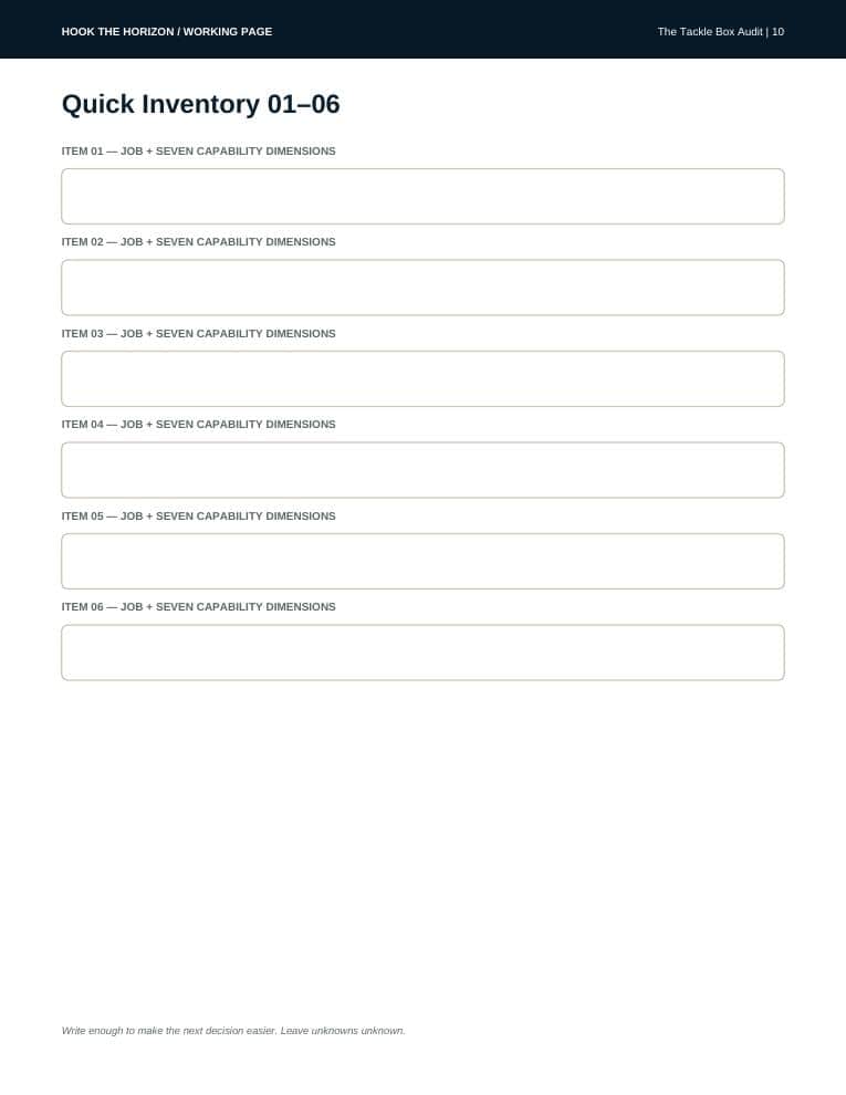 A write-in working page from The Tackle Box Audit print edition, with prompts and blank space for auditing the box against each job