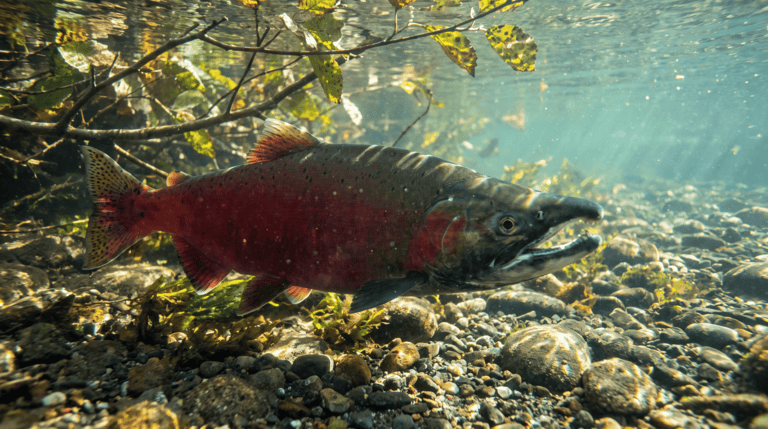 A red-flanked spawning male coho salmon with a dark green head and hooked jaw holding in a shallow gravel riffle of a Pacific Northwest river.