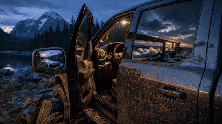 Ford F-150 at a wilderness put-in at dusk, its side mirrors reflecting two different water scenes