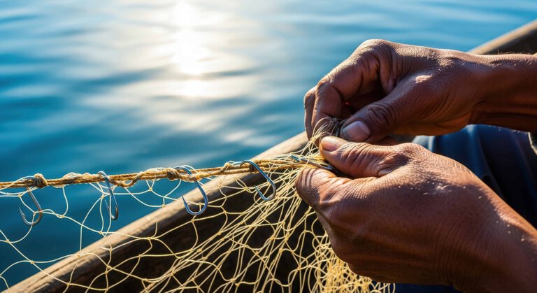 Hands repairing and tying knots in a fishing net beside the water