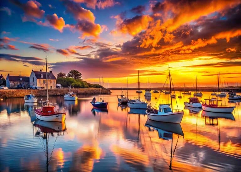 Fishing boats reflected in a harbor at vivid sunset