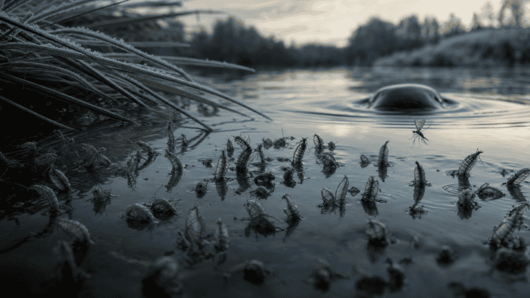 Midge pupae hatching in the calm surface film of a winter tailwater at dawn, with a trout's rise ring touching the edge of the swarm