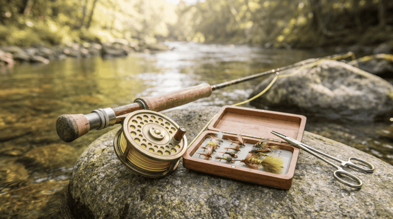 Simple beginner fly fishing setup of one rod and reel, a small open fly box, nippers, and forceps laid on a river rock beside a clear stream