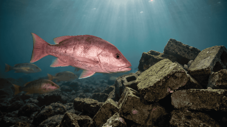 A vivid rose-red snapper swimming down toward a Gulf of Mexico artificial reef of limestone rubble under shafts of light.