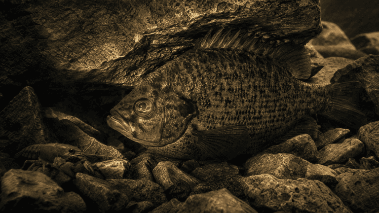Rock bass (Ambloplites rupestris) with a bright red eye and rows of dark spots, tucked against broken rocks in a clear stream near a crayfish