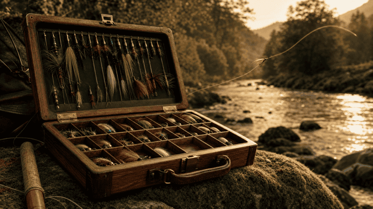 Open tackle box on a riverbank with one empty compartment, its lure already cast toward the bend in the river
