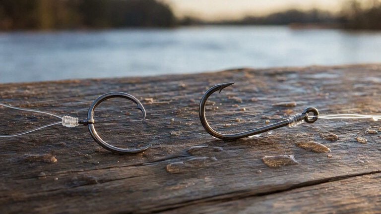 A circle hook and a J-hook tied to fluorocarbon leader side by side on wet dock wood