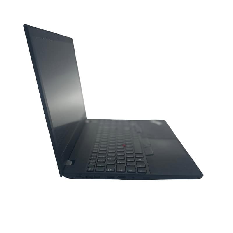 Ordinateur portable noir ouvert, vue latérale, pour la réparation ou la maintenance informatique.