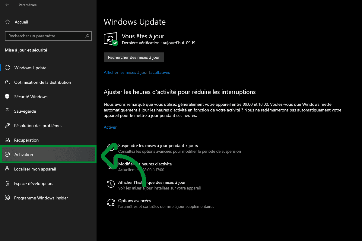 Capture d'écran de la section 'Mise à jour Windows' montrant l'option de modification des heures d'activité.