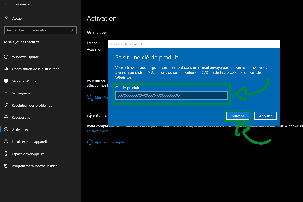 Capture d'écran de l'activation de Windows avec une clé de produit dans l'interface utilisateur en français.