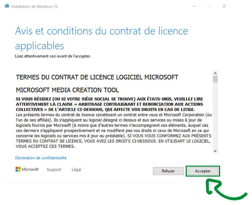 Microsoft Windows 10 installation agreement screen, accept button, legal terms, software license, Microsoft support, user agreement, software update, click to accept, blue text, legal declaration, user rights, software licensing, technology interface, consent, software terms, computer setup, digital license, software terms of use, license acceptance, software installation process.