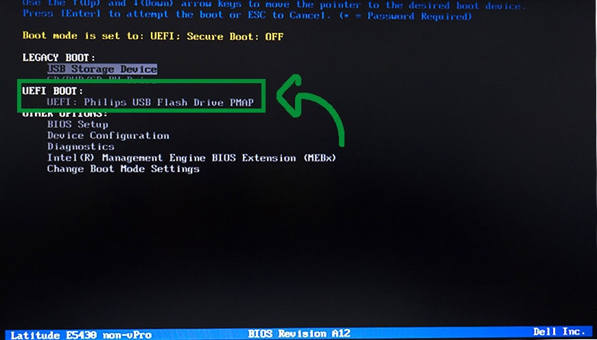 Philips USB Flash Drive PMAP dans le menu de démarrage UEFI, interface BIOS pour la gestion de périphériques de stockage USB pour ordinateurs.