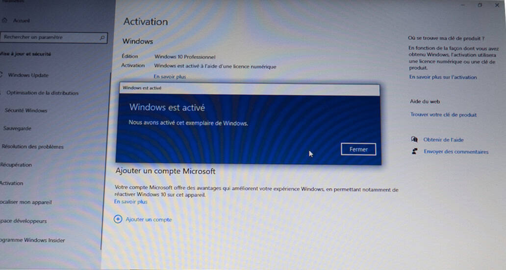 Capture d'écran de l'activation de Windows 10 avec un message indiquant que Windows est activé.