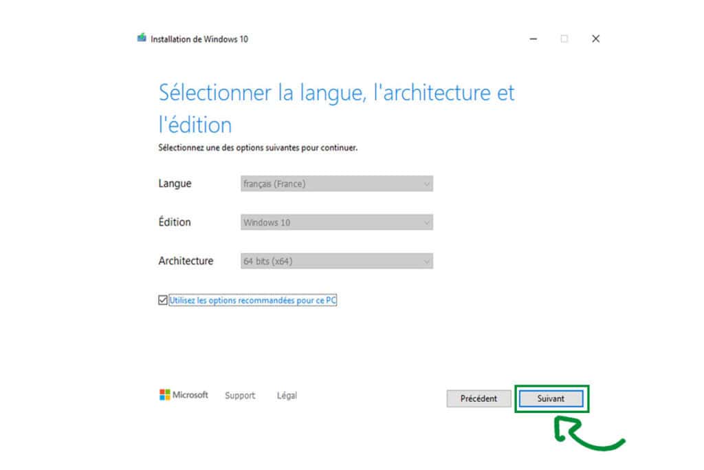 Installation de Windows 10 en français, architecture 64 bits, étape de sélection de la langue et de l'édition pour une configuration optimale computer.