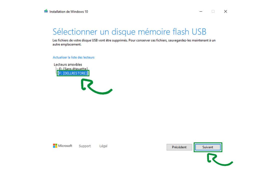 Fichier disque USB pour installation Windows 10, sélection de la clé mémoire flash pour formatage, interface d'installation Windows, écran de choix du lecteur USB, images de support technique Microsoft pour création de clé USB bootable.
