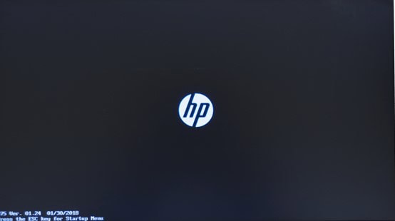 Logo HP blanc sur fond noir, image représentant une façade de démarrage d'ordinateur portable.