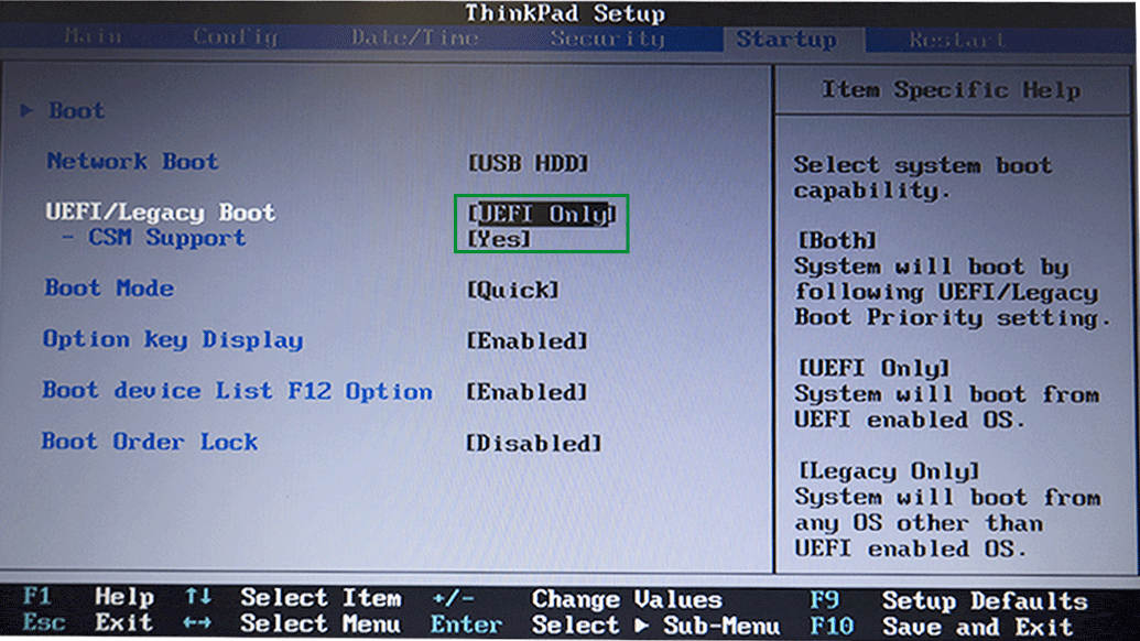 "Boot Menu" de Lenovo (onglet Startup)