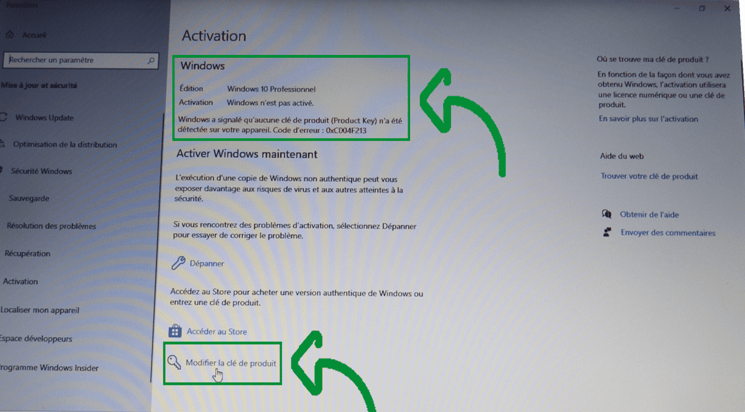 Capture d'écran d'une interface Windows montrant l'activation de Windows et l'option de modifier la clé de produit.