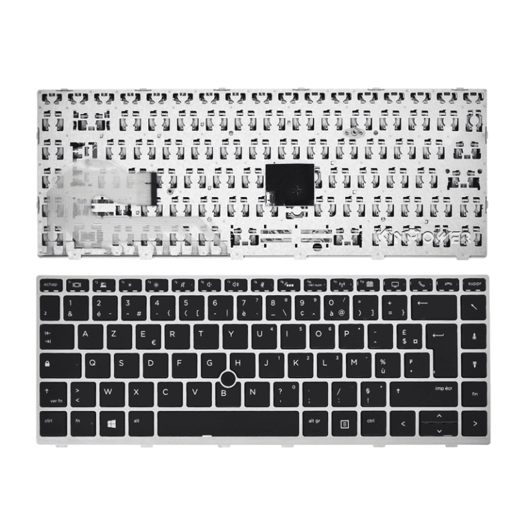 Clavier d'ordinateur sans touches avec cadre métallique et touches noires, vue de face.