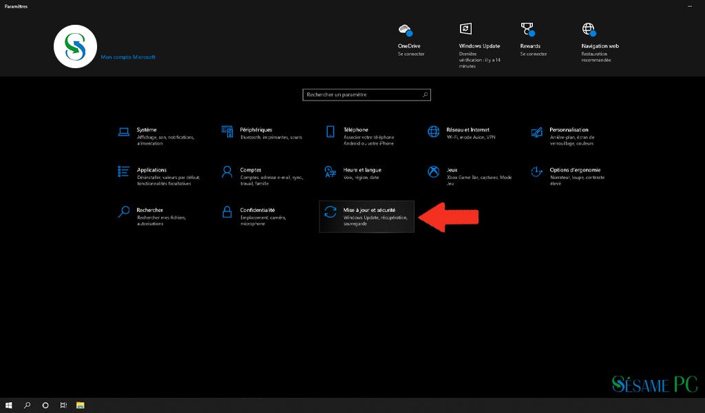 Mise à jour et sécurité Windows, mise à jour, sauvegarde et restauration, paramètres de sécurité, support informatique SesamePC.