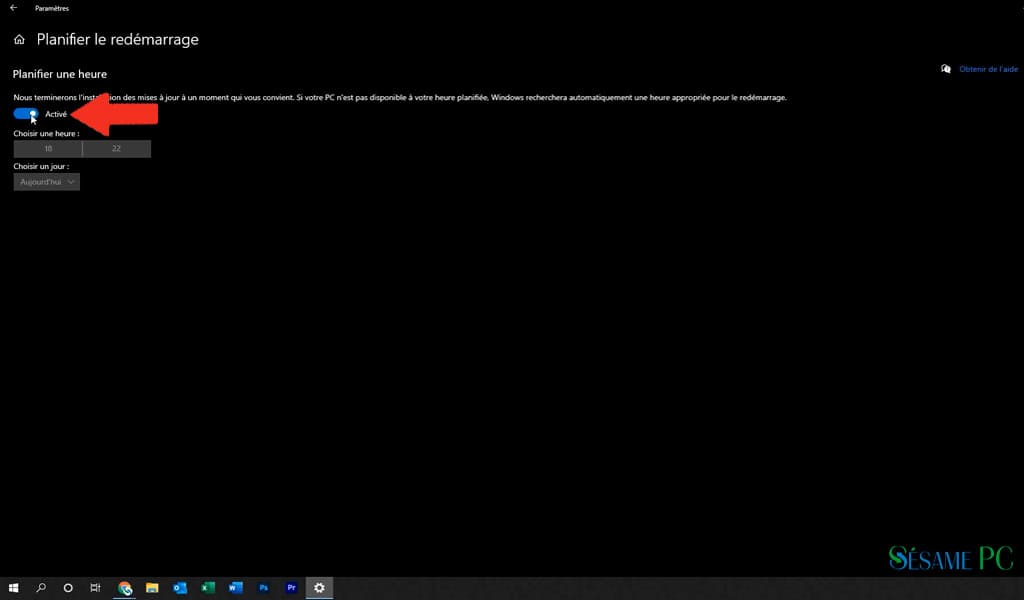Bannière de planification de redémarrage du système Windows avec options d'horaires dans le centre de notifications.