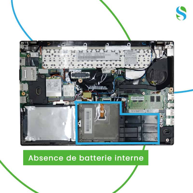 Batterie interne d'ordinateur portable sans batterie, accès pour réparation, composants électroniques ouverts, démontage PC portable, maintenance informatique essentielle.