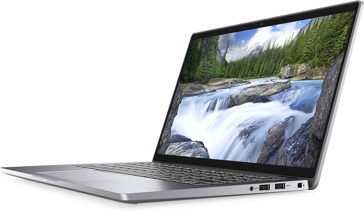 Ordinateur portable slim avec écran affichant une cascade dans un environnement naturel, idéal pour le travail ou le divertissement.