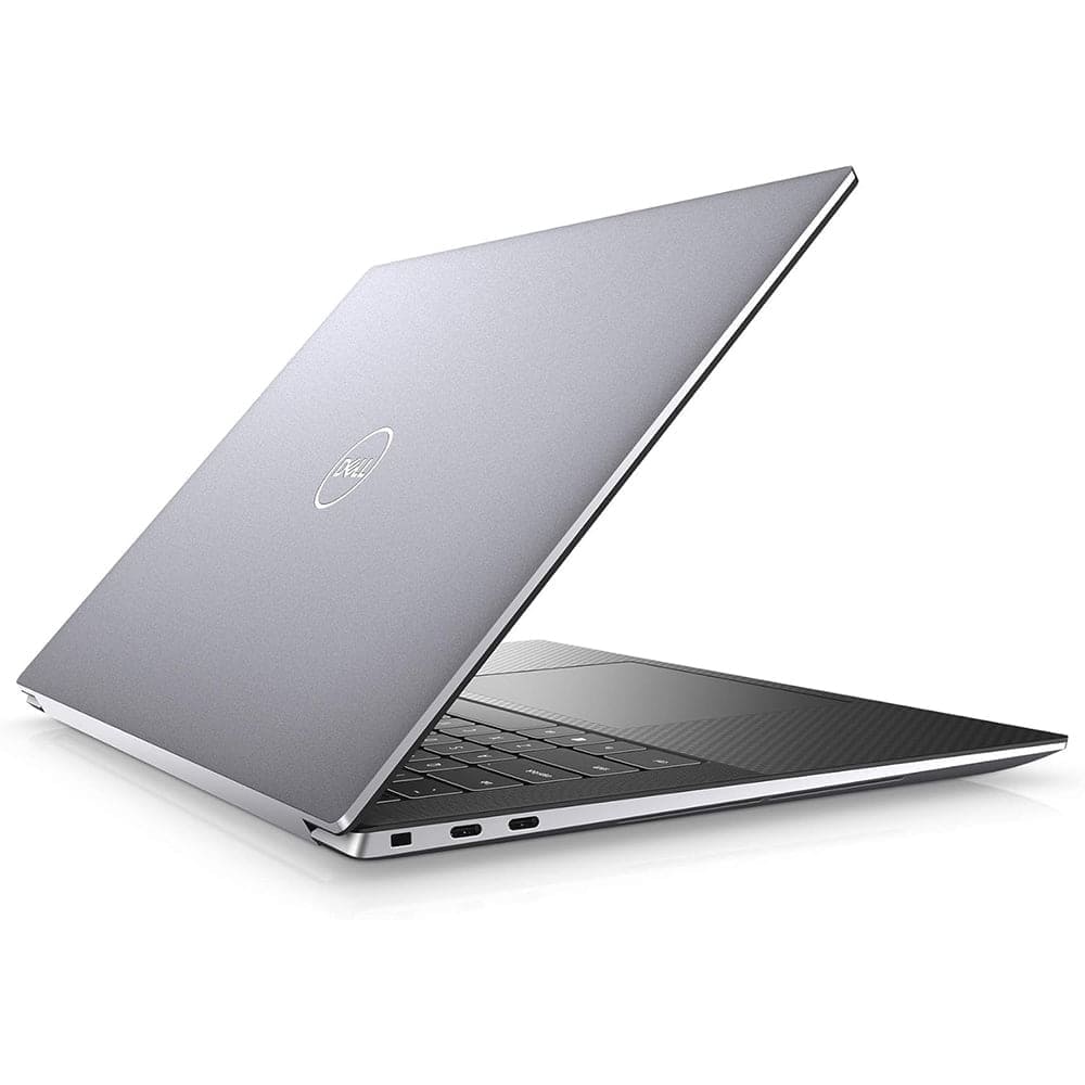 Dell laptop en aluminium gris ouvert, vue de côté avec clavier et écran partiellement visible, idéal pour le travail et la productivité.