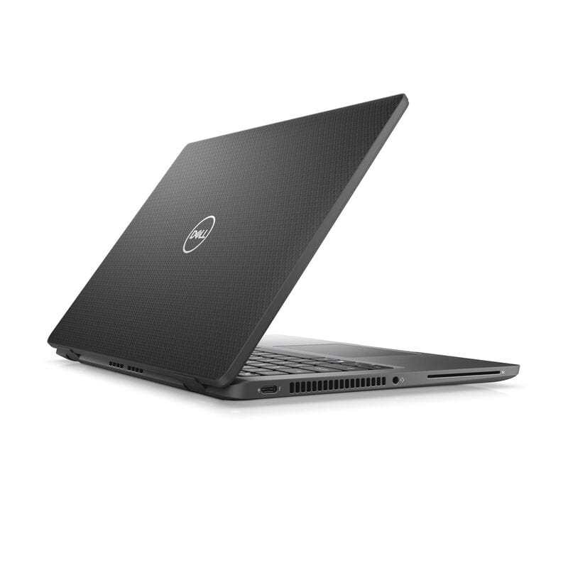 Dell laptop ouvert, vue de côté, sur fond blanc, pour illustrer un ordinateur portable performant et fiable.