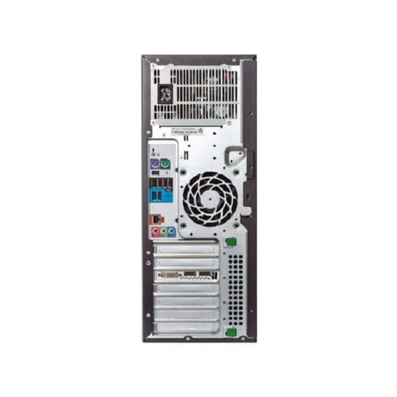 Vue arrière d'un boîtier d'ordinateur de bureau avec composants internes visibles, y compris ventilateur, ports USB et slots d'extension.