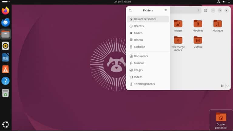 Capture d'écran d'un bureau Linux avec un gestionnaire de fichiers ouvert montrant des dossiers comme Images, Musique, Téléchargements, et Vidos.