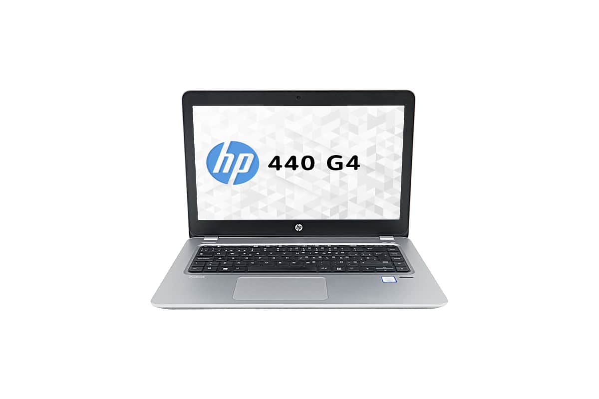 Modèle HP 440 G4 de la marque HP. Image montrant la face avant du pc avec l'écran, le clavier et le pavé tactile (touchpad).