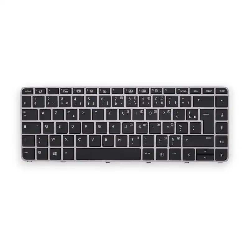 Clavier d'ordinateur portable noir avec touches blanches, vue de dessus.
