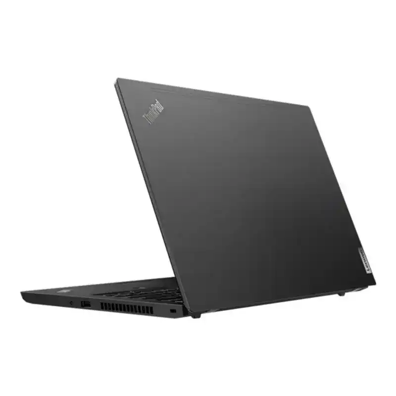Ordinateur portable Lenovo ThinkPad noir ouvert de côté, vue partielle.