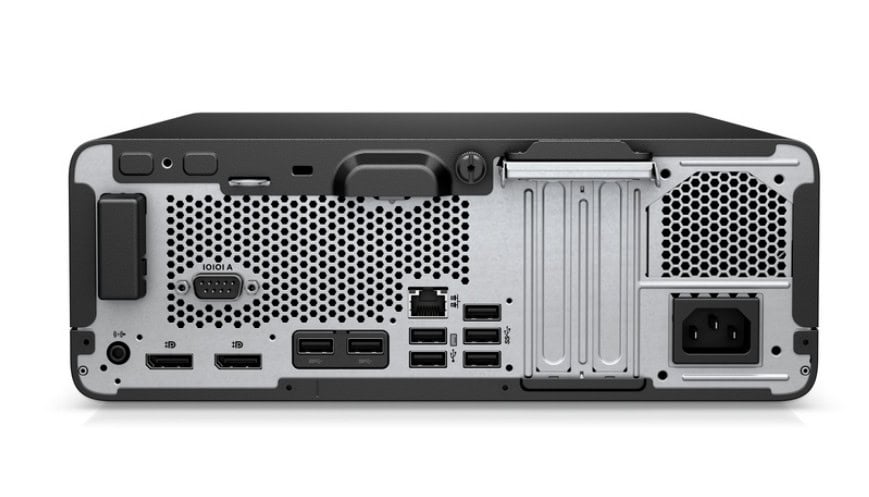Panneau arrière d'ordinateur avec ports USB, alimentation et ventilation.