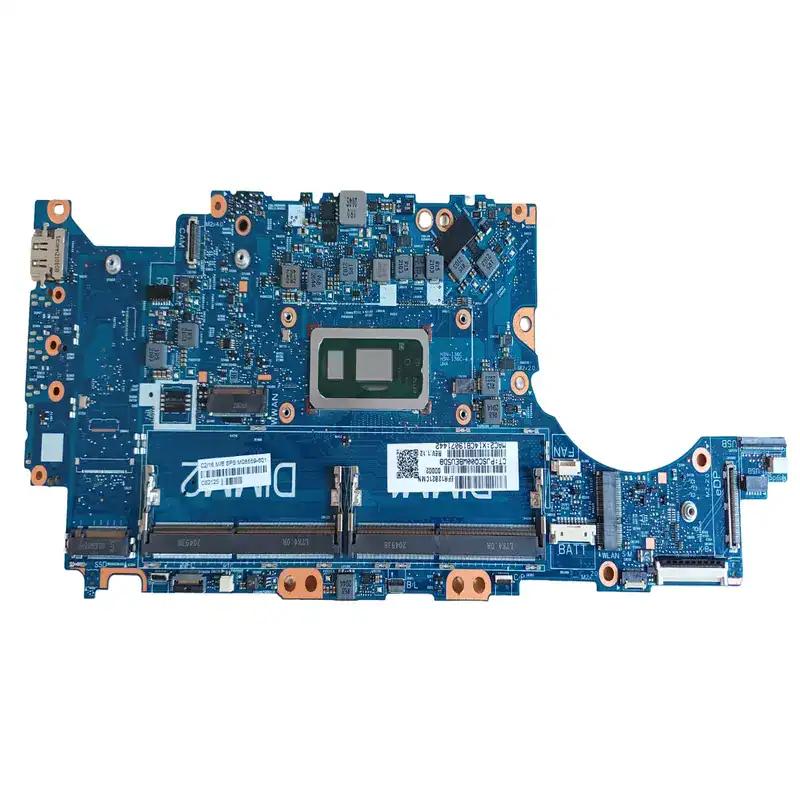 Panneau de circuit imprimé bleu pour ordinateur portable avec composants électroniques et connecteurs. Idéal pour réparation ou upgrade de PC portable.